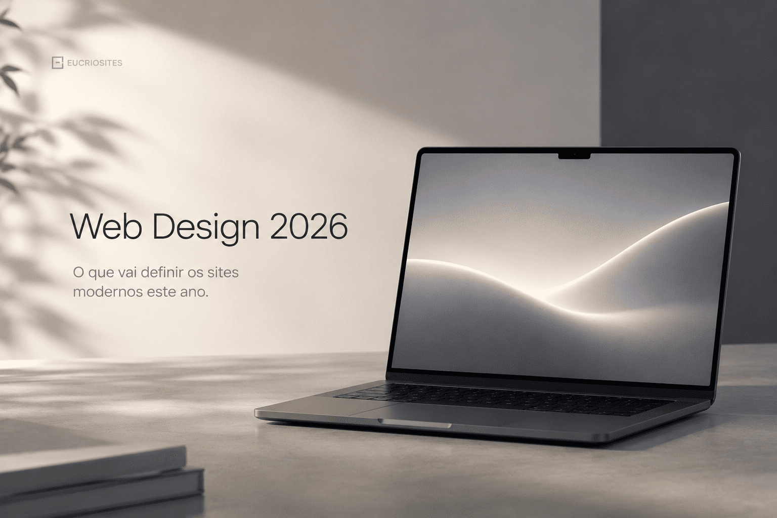 Laptop com interface minimalista representando tendências de Web Design 2026 em ambiente premium e moderno