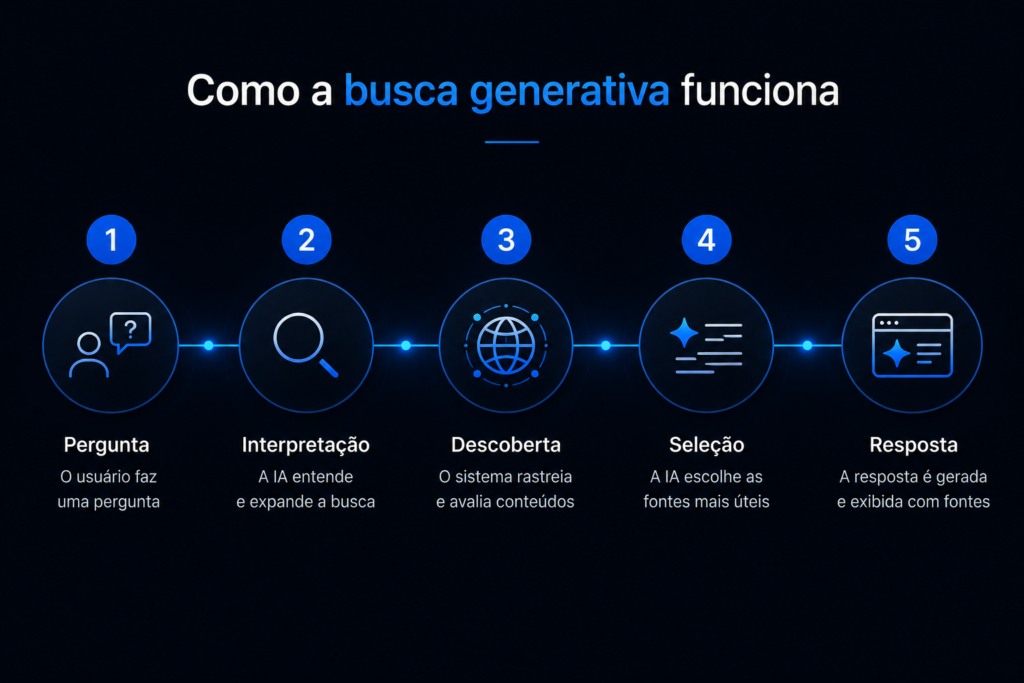 Diagrama em cinco etapas mostrando como funciona a busca generativa, da pergunta à resposta com fontes