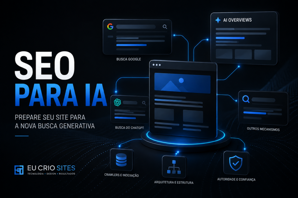 SEO para IA representado por uma arquitetura de descoberta entre site, busca e sistemas generativos